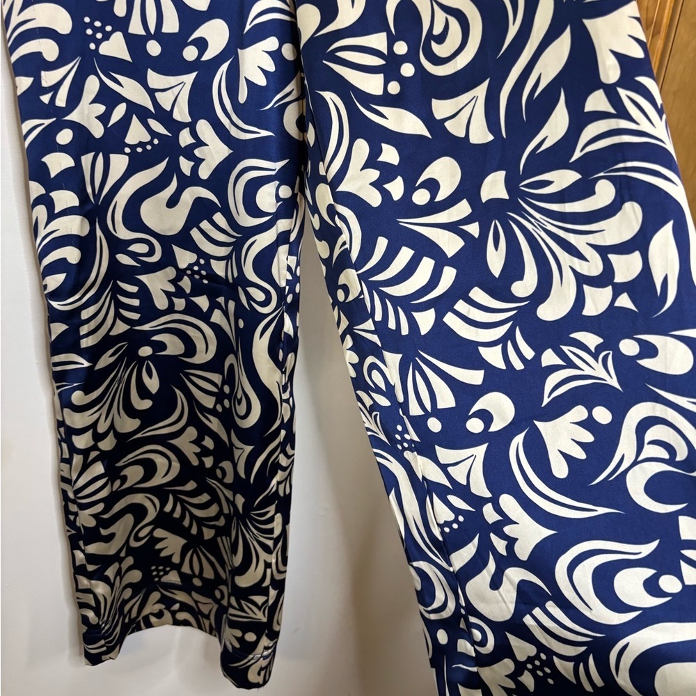 House of Harlow 1960 Blue Cream Patterned Satin Wide Leg Pants - Picture 9 of 10